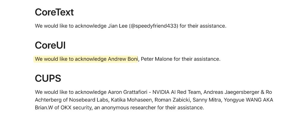 Apple's additional recognition for macOS Golden Gate 27, with Andrew Boni credited under CoreUI