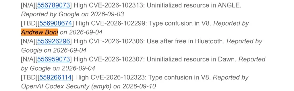 The Chrome 154 High-severity list, with CVE-2026-102299 credited to Andrew Boni