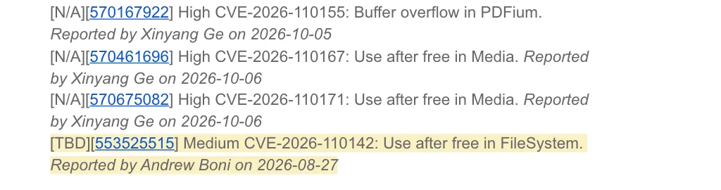 The Chrome 155 security list, ending with the Medium-severity entry for CVE-2026-110142 credited to Andrew Boni