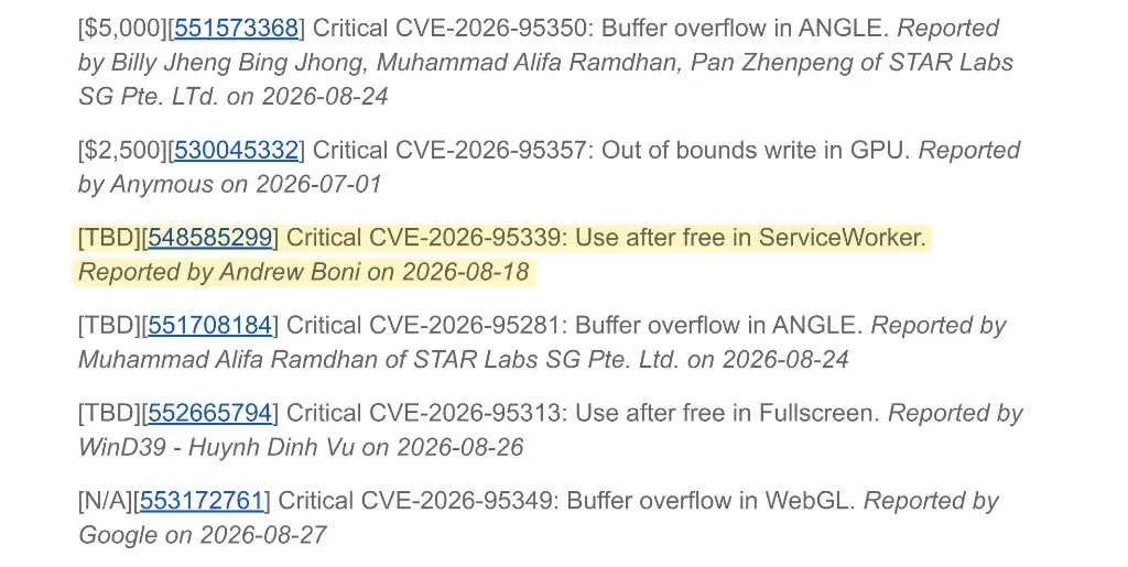 The Chrome 154 Critical-severity list, with CVE-2026-95339 credited to Andrew Boni