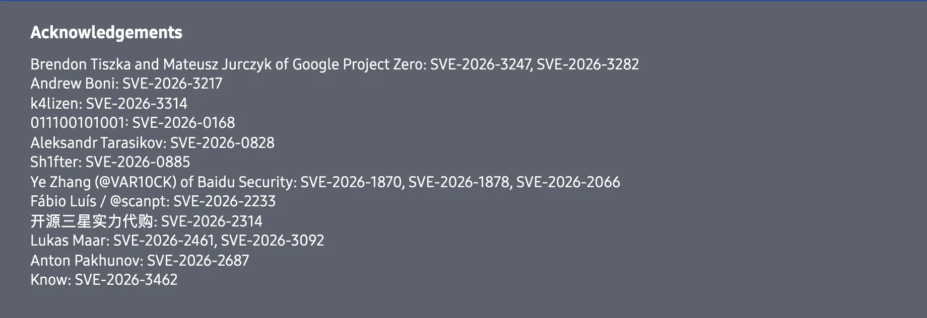 Samsung's September 2026 acknowledgements list, with the line "Andrew Boni: SVE-2026-3217" second from the top