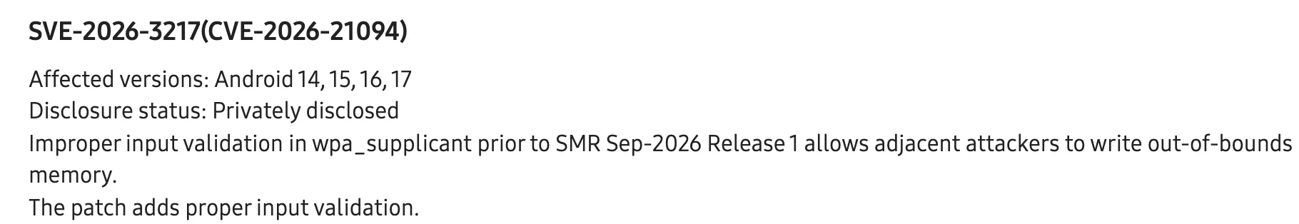 The Samsung bulletin entry for SVE-2026-3217 (CVE-2026-21094), listing affected versions Android 14, 15, 16 and 17, disclosure status "Privately disclosed", one sentence describing improper input validation in wpa_supplicant, and one sentence describing the patch